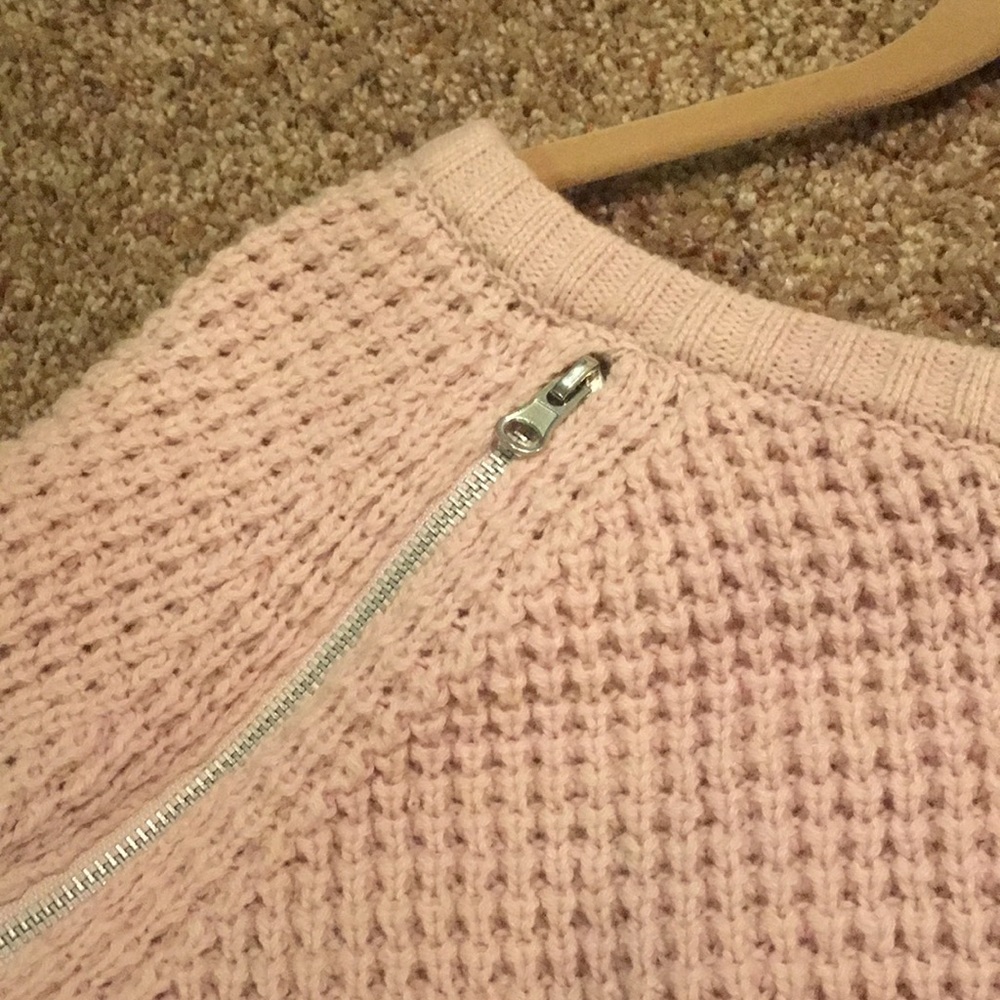 Aqua Cropped Waffle Knit Sweater Zipper Accents - Picture 4 of 5
